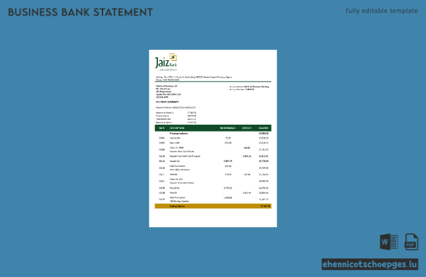 Jaiz Geschäftskontoauszug im Word- und PDF-Format, 1 Beispielvorschau